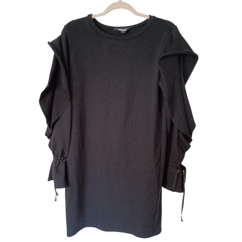 Vintage Project Runway Black Ruffle Shoulder Tie Cuff Knit Tunic Top Dress Large